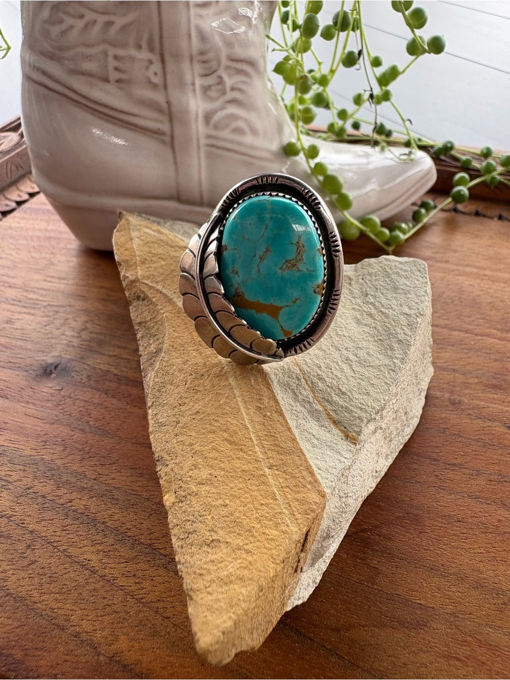 Tessica Ann Turquoise & Sterling Silver Feather Statement Ring Artisan
